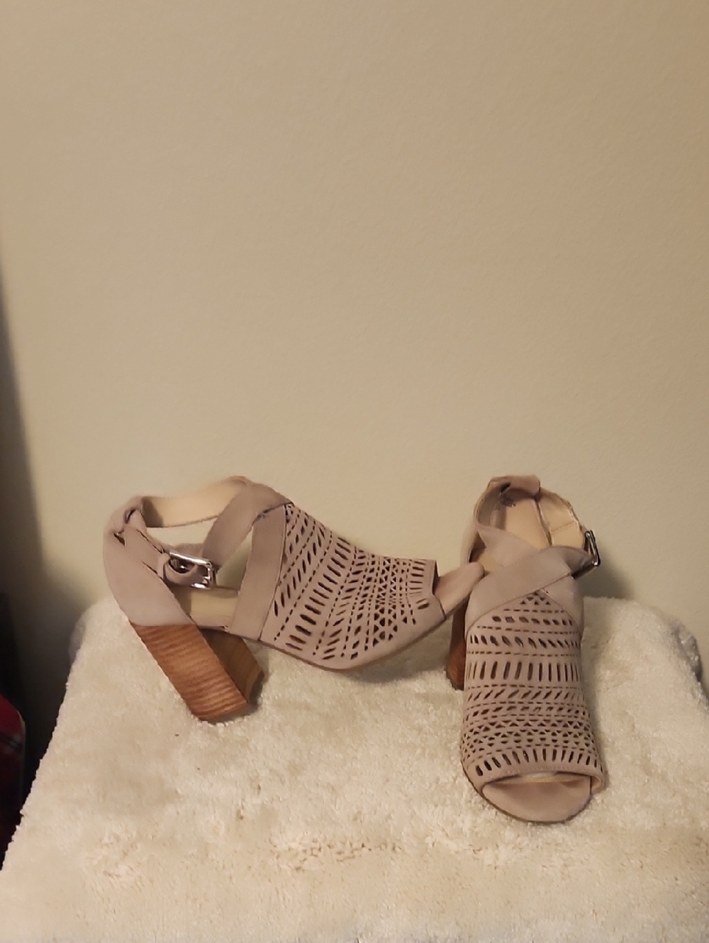 Marc Fisher Neutral Taupe Laser-Cut Block Heel Sandals